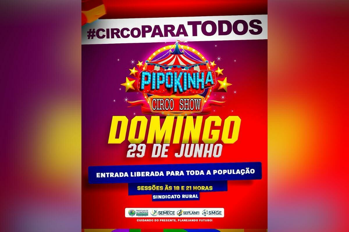 Imagem de compartilhamento para o artigo Domingo tem Circo Pipokinha de graça em Alcinópolis com sessões às 18h e 21h da MS Todo dia